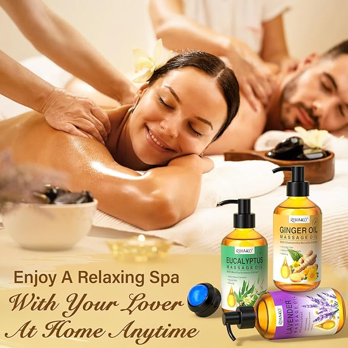 3 Pack Massage Oil for Massage Therapy,Ginger for Lymphatic Drainage, Lavender for Relaxation, Eucalyptus Mint for Muscle Relief | Massage Therapy & Date Night Spa Gift with Massage Ball for Him & Her