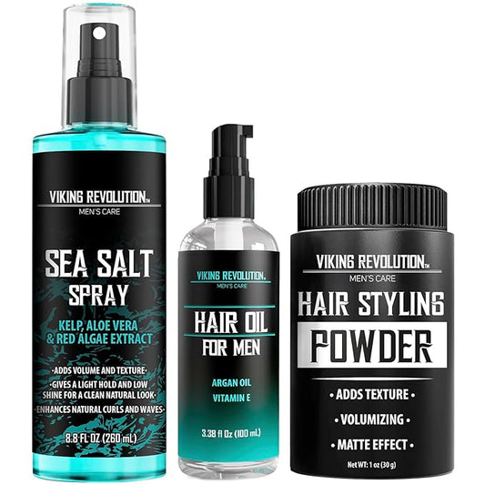 Viking Revolution Sea Salt Spray for Hair Men (8fl oz), Hydrating Hair Oil for Men with Vitamin E (3.38fl oz) and Styling Powder (1oz) - Mens Styling Texturizing Kit