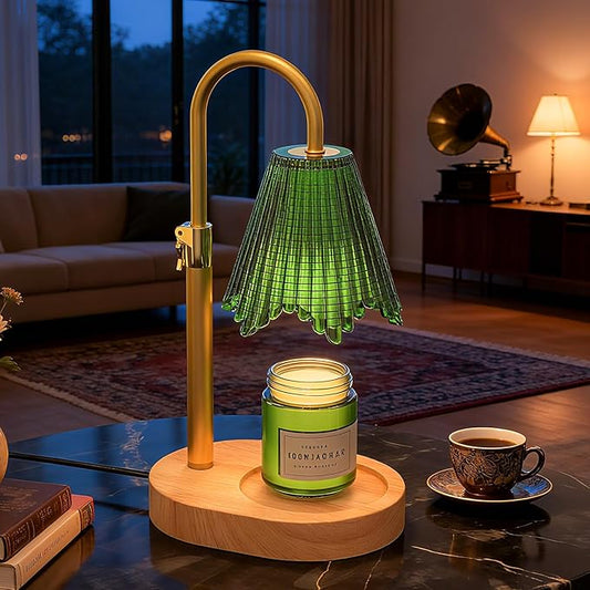 Candle Warmer Lamp with Adjustable Height - Flameless 4-Level Dimmable Wax Warmer with Colorful Glass Shade & Wooden Base, Timer Function & Stylish Design in Multiple Colors (Green)