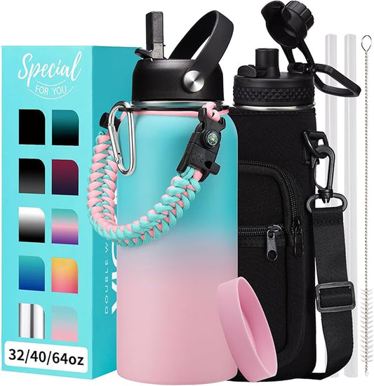 32/40/64 OZ Water Bottle with Straw - Spout Lid, Kepp Cold-48H Hot-24H, Insulated Water Bottles with Strap Carrier Bag, Paracord Handle, Protective Boot, Leakproof Metal Hydro Water Flask