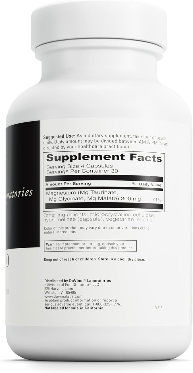 DAVINCI Tri-Mag 300 - Triple Complex with Magnesium Glycinate, Taurinate & Malate - Calm Magnesium Supplement for Sleep - Nerve Support Formula - 120 Capsules (30 Servings)