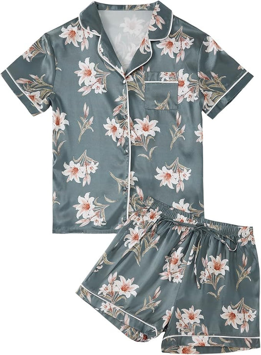 LYANER Women's Satin Silky Short Sleeve Button Shirt Sleepwear 2Piece Pajama Set
