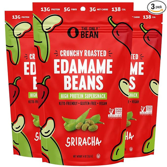 The Only Bean Crunchy Roasted Edamame Snack (Sriracha), High Protein Snacks (13g) Healthy Protein Chips, Keto Friendly Food (2g Net), Plant-Based Vegan Snacks, Office Snacks, Spicy Snack, 4oz (3 Pack)