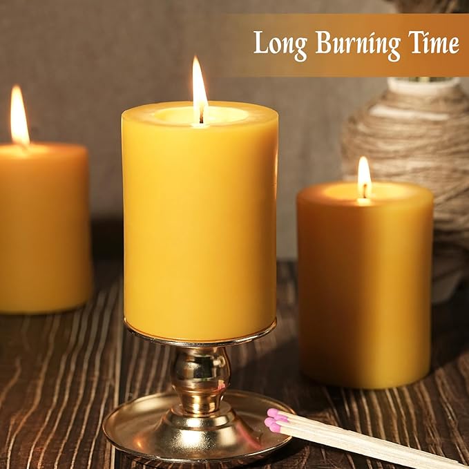 Natural Beeswax Pillar Candle, 110 Hours Long Burning Emergency Candle Unscented Pure Beeswax Pillar Candles 3x4in Dripless Bees Wax Candles for Home Paryer, 2 Packs
