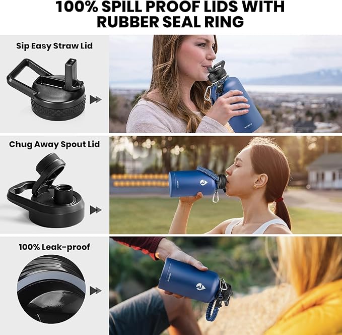 Insulated Water Bottle 64 oz, Triple Wall Vacuum Stainless Steel (Cold for 48 Hrs), Leak Proof & Non-BPA, Half Gallon Water Flask Jug with Paracord Handle & Straw Spout Lids, Navy Blue