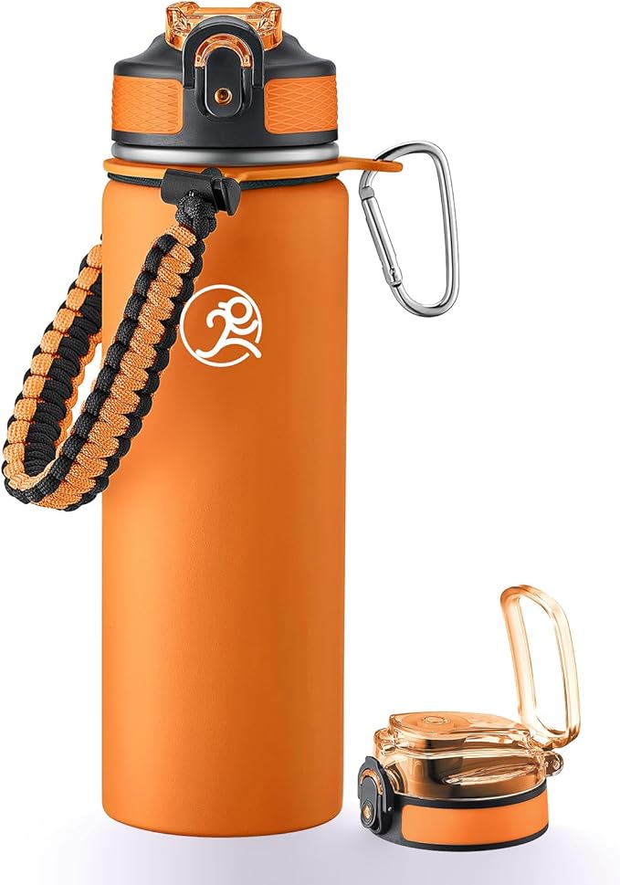GOSWAG Insulated Sports Water Bottle, 24oz 2 Lids(with Straw/No Straw), Stainless Steel Water Bottles with Paracord Handle, Insulated Bottle with Double-Wall Vacuum Insulation