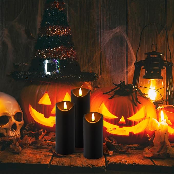 Realistic Flameless LED Candle Black Set of 24, Battery Operated with Remote Control, 3D Flame Pillar Timer Funtion Melted Top Safe,Perfect for Indoor/Outdoor Decor,Wedding,BBQ and Gift