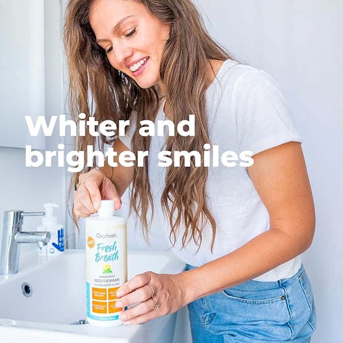 Oxyfresh Premium Lemon Mint Fresh Breath Mouthwash – Oral Rinse for Bad Breath – SLS & Fluoride Free Mouthrinse – Alcohol Free, Gentle Non Burning Mouthwash with Xylitol & Essential Oils, 3 Pack 16 oz