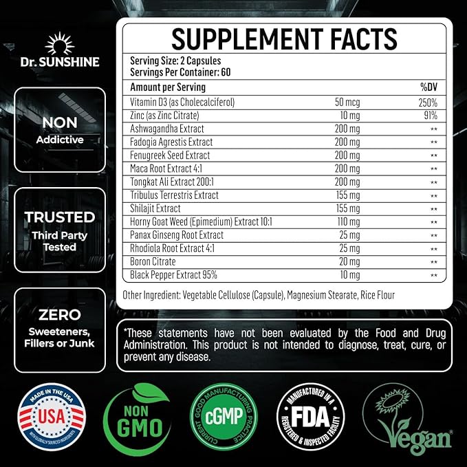 DR. SUNSHINE Forged 14 in 1 Men's Vitality Complex | Shilajit for Men, Energy & Focus Support, Strength, Mood & Recovery with Ashwagandha, Tongkat Ali, Fenugreek Capsules & More | 120 Capsules
