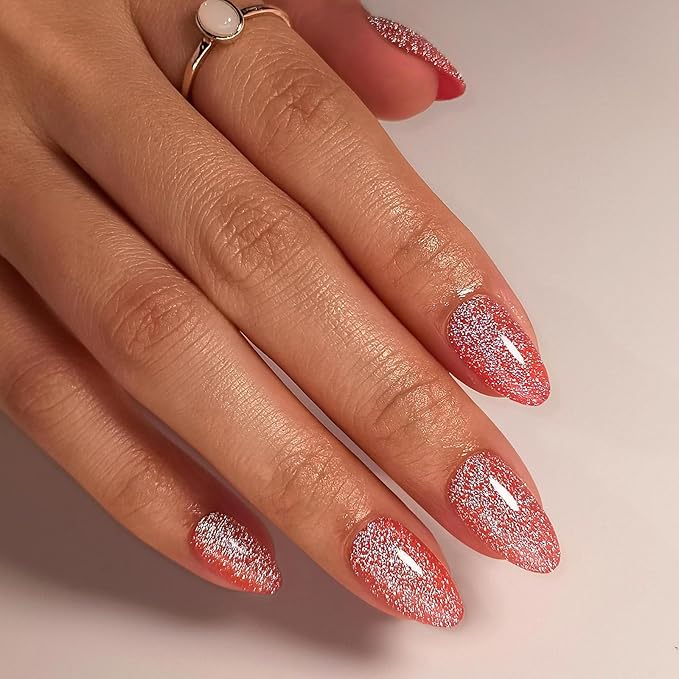Glitter Red Press on Nails Almond with Sparkling Diamond - Soft Gel Fake Nails Short with Glue, Glossy Glue On Nails for Women Gift in 16 Sizes - 32 Reusable Nails, Starlight Red Orange