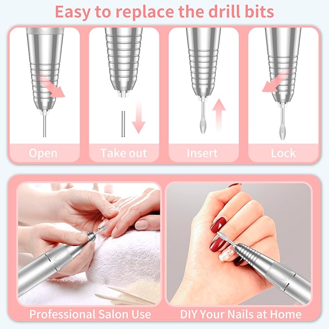 Portable Nail Drill Professional 35000 RPM, MOCOWIND Rechargeable Electric Nail File Machine E File for Acrylic Gel Polishing Removing, Cordless E-File with Bits Kit for Manicure Salon Home, White