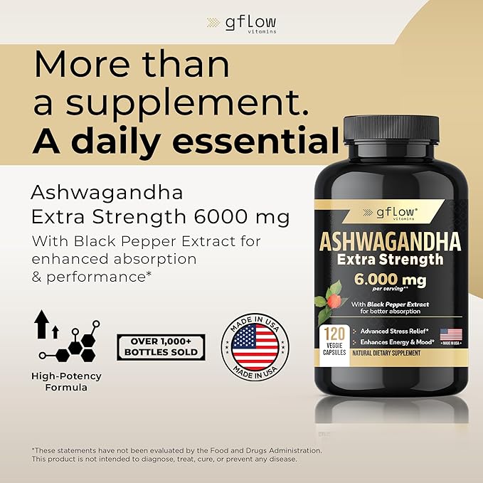 Ashwagandha Supplements for Women and Men 6000mg | Sleep, Mood and Energy Support | Extra Strength, Vegan Friendly, Non-GMO, Made in USA - Pack of 3
