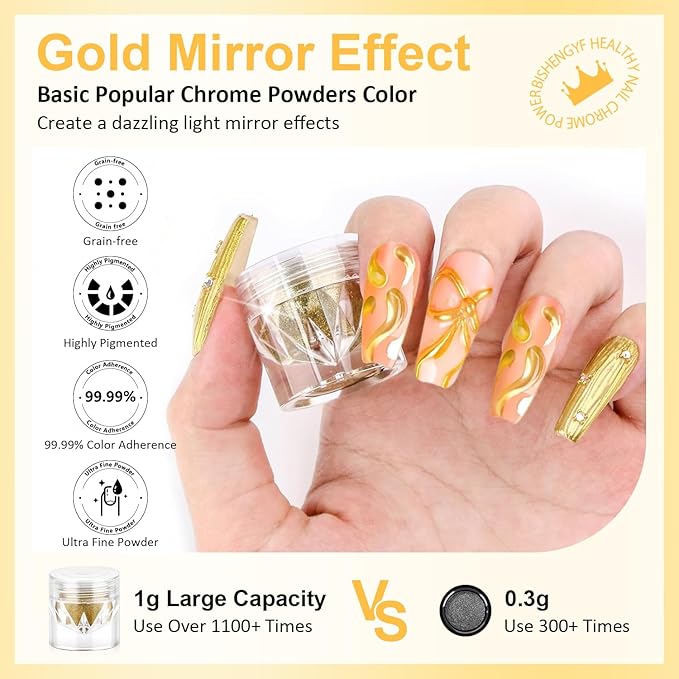 Gold Chrome Nail Powder BISHENGYF: 1g Metallic Mirror Effect Chrome Powder for Nails Manicure Decoration Reflective Pigment Gold Nail Powder for Nail Art Gel Polish Home DIY,Gifts