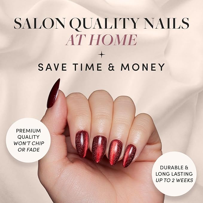 Glamnetic Press On Nails - Ruby Slipper | Deep Red Sparkly Short Almond Fake Nails with a Velvet Finish, Salon Quality | 15 Sizes - 30 Nail Kit with Glue