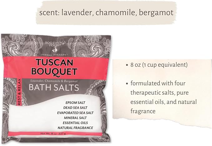 3-Pack Aromatherapy Bath Salts Gift Set. Variety Pack of Soothing Touch Bath Salts: Lavender, Tuscan Bouquet, Balancing Soak (8 oz Each). Bundle Includes Cotton Pouch and Loofah Exfoliating Pad