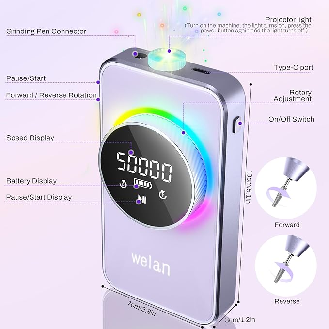 Electric Nail Drill Professional, 50000RPM Electric Nail File Portable Nail Drill Kit 6000mAh Rechargeable Machine for Acrylic Gel Nail, Manicure Pedicure Polishing Nail for Salon Home Purple