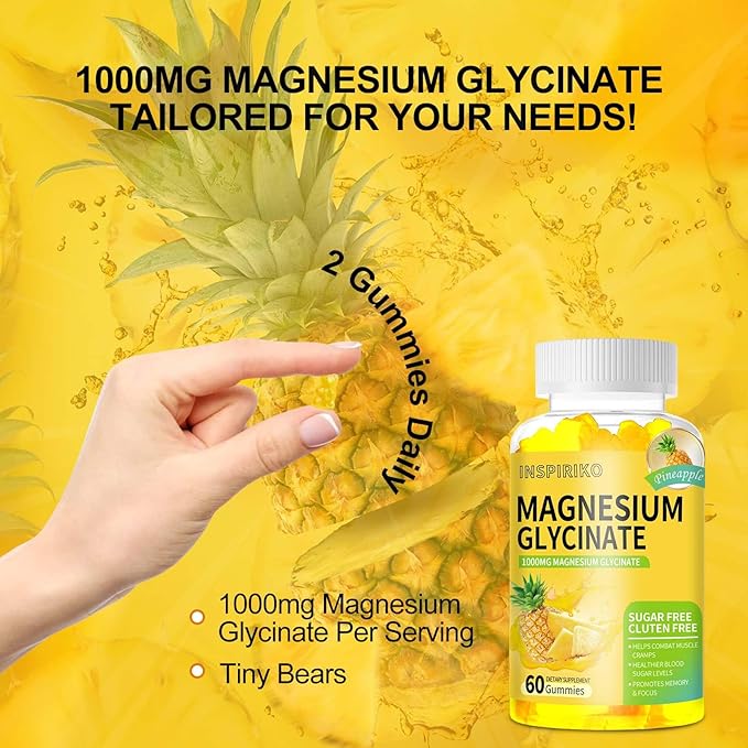 Magnesium Glycinate Gummies 1000mg - Sugar-Free Magnesium Potassium Supplement with Vitamin D, B6, CoQ10 for Adults & Kids,High Absorption for Calm Mood & Sleep Support - 60 Pineapple Gummies