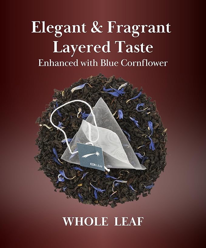 ERZ Leaf Earl Grey Ceylon Black Tea Premium Whole Leaf with Bergamot & Cornflower Blend, 20 Pyramid Tea Bags 2.1 Once, Gift Box Ready, Elegant Aroma, Smooth Flavor