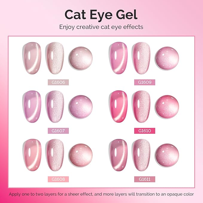 MelodySusie Pink Gem Cat Eye Gel Set Cat Eye Gel Nail Polish Set 6 Pcs, 0.26 Fl Oz Glitter Holographic Magnetic Nail Polish with Magnet, UV Nail Polish for Nail Art Manicure Salon DIY at Home