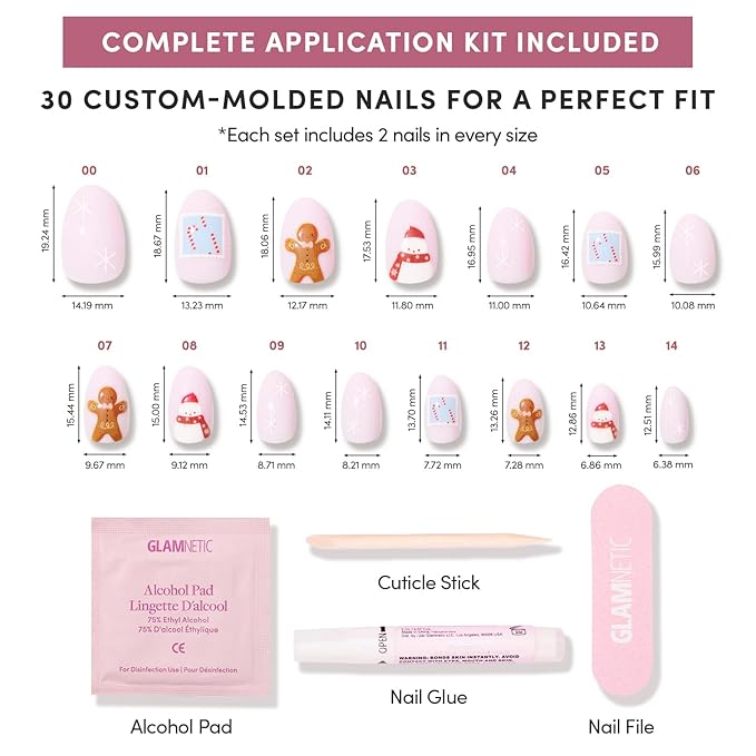 Glamnetic Press On Nails - Cocoa & Kisses | Short Oval Fake Nails in Natural Nude Base with Festive Winter Graphics in a Glossy Finish, Salon Quality Holiday Nails | 15 Sizes - 30 Nail Kit with Glue