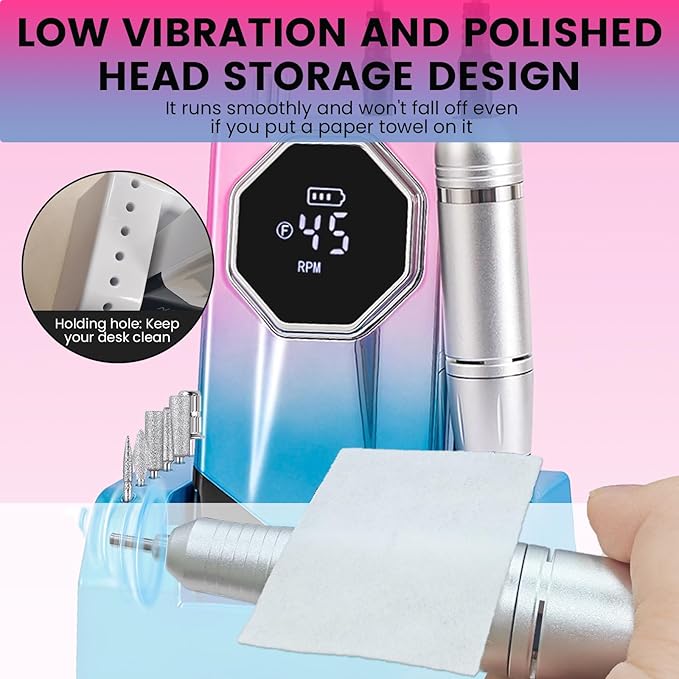45000RPM Professional Cordless Portable Nail Drill Cordless Low Noise Nail Filer Electric Machine with Efile Bits & Base for Acrylic Nails, Nail Buffer Machine for Salon Home (Pink and Blue)