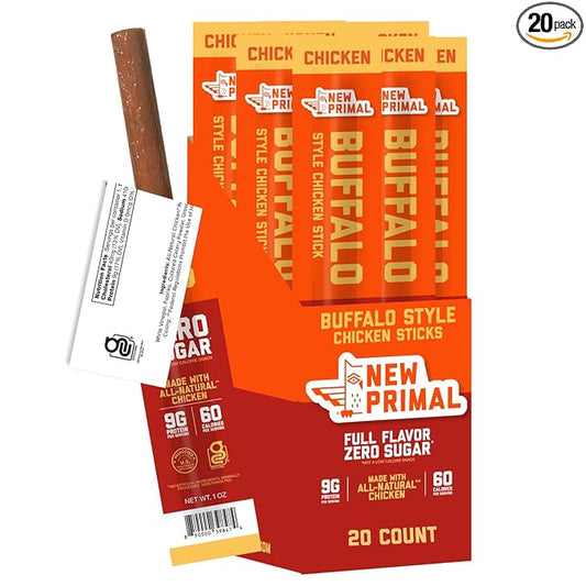 New Primal Buffalo Chicken Sticks, Keto, Gluten Free Healthy Snacks, Sugar Free Low Carb High Protein, Jerky Meat Stick, 9g Protein, 20 Ct