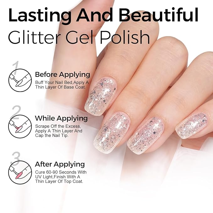 TOMICCA Clear Glitter Gel Nail Polish, Sparkle Sheer Silver Nail Gel Polish, Soak Off UV Transparent Shimmer Clear Nail Polish Natural Color Nail Art DIY Manicure Salon