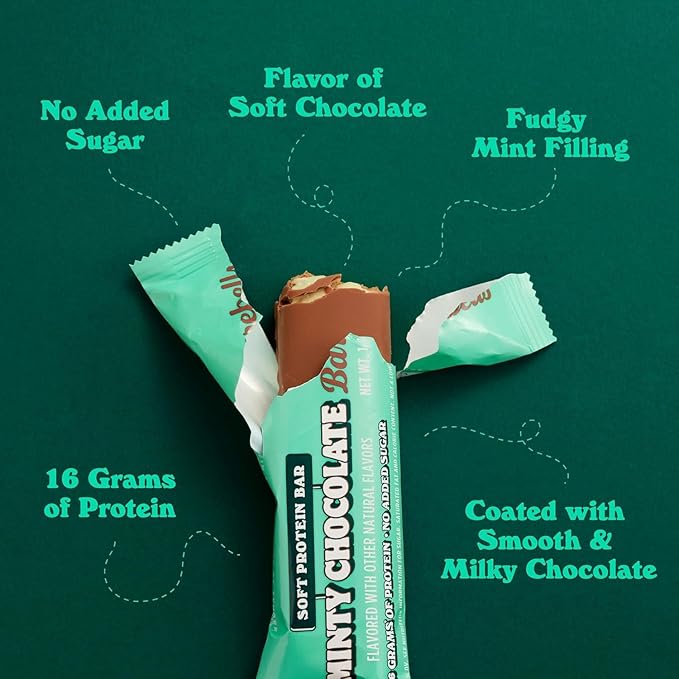 Barebells Soft Protein Bars Minty Chocolate - 24 Bars (2 Packs of 12) -16g High Protein Treats - Chocolate Nutrition Bar with 1g Total Sugars - On The Go Breakfast or Post-Workout Snack