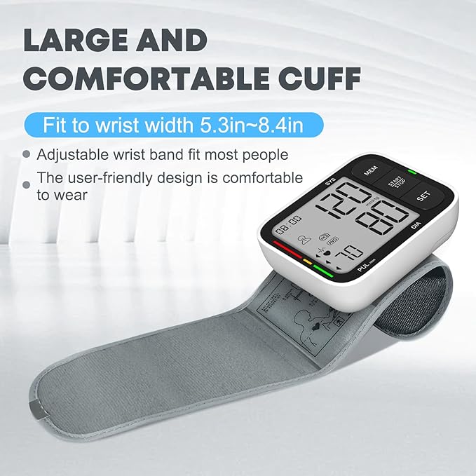 Blood Pressure Cuff Wrist, Universal Bp Cuff(5.3-8.4in) Large LCD Display 2 Users Total 240 Memories, 2 AAA Batteries & Carrying Case Included