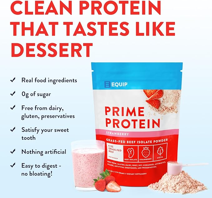 Equip Foods Prime Protein Powder | Clean, Grass Fed Beef Protein Powder | Carnivore Protein Isolate | Paleo, Keto Friendly | Gluten & Dairy Free | Helps Build & Repair Tissue | 30 Servings, Strawberry