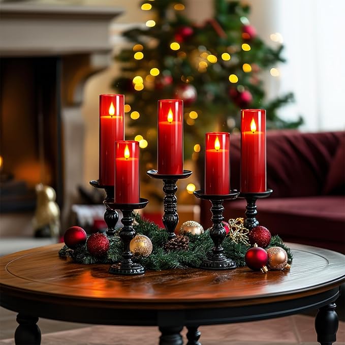 Amagic Red Flameless Candles with Remote, Battery Operated Candles with Timer, Acrylic Flickering LED Candles for Christmas Decor, 3D Wick, Warm Yellow Glow, D2.2 xH5 5" 6" 7" 8", Set of 5