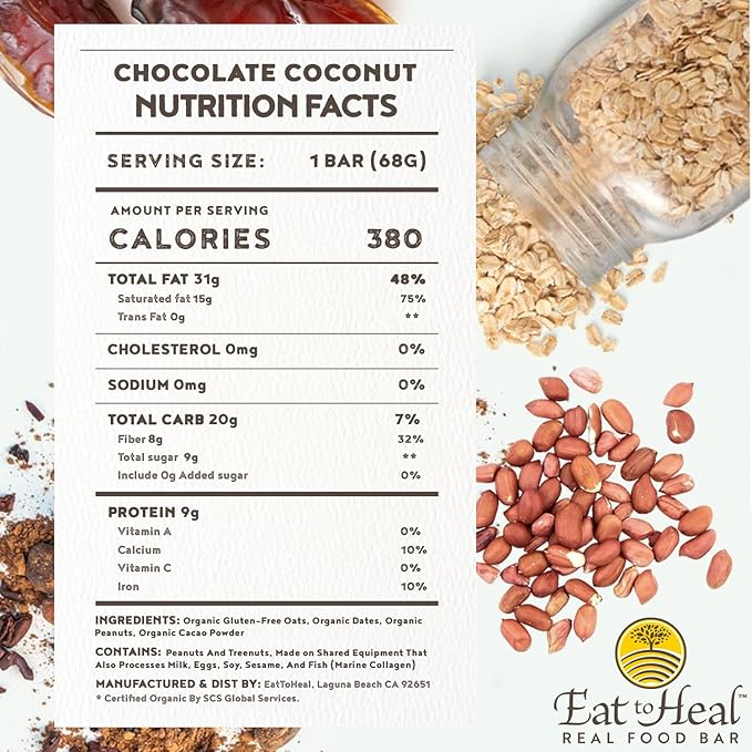 EatToHeal Chocolate Coconut Real Food Bar - Organic Vegan Healthy Gluten Free Protein Bars - Low Sugar Meal Replacement Bar, Non GMO, Never Baked, Plant Based - Crafted to Enjoy, Not Sit on Shelves