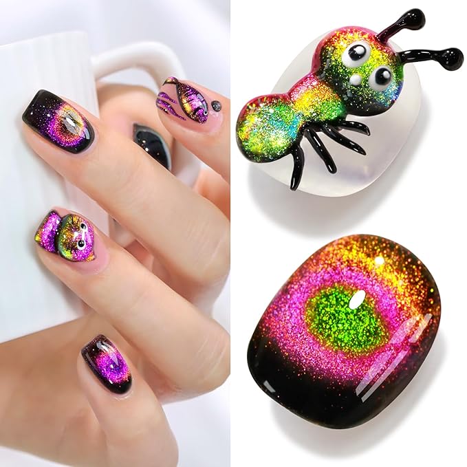 Double Rhythm Cat Eye Gel Polish with Magnet 15ML Holographic Glitter Shimmer Translucent Sheer Color Glass Magnetic Gel Polish Salon DIY at Home (Orange Pink-MC1051)