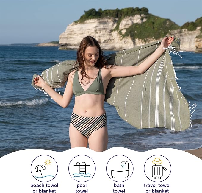 Turkish Beach Towels, Bulk Case of 24 | Oversized, Quick Dry, Sand Free | 100% Cotton, Large 38x71 Towels for Beach, Pool, Travel | Ultra-Soft, Compact, Absorbent | Olive Green