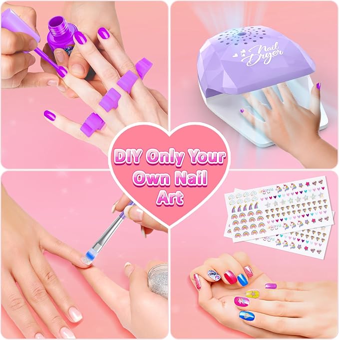 Kids Nail Polish Set for Girls, Nail Art Kit with Nail Dryer & DIY Nail Stickers, Nail Kit Toys for Girls with Non-Toxic Nail Polish,Age 3-12 Little Girl Gift Toys- Purple