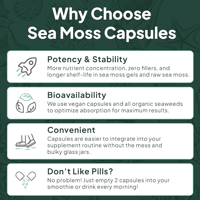 Organics Ocean Wild Sea Moss Capsules - 100% Organic Irish Sea Moss with Organic Chlorella, Bladderwrack and Vitamin D for Energy, Lung Health and Thyroid Support for Women and Men - 60 Capsules