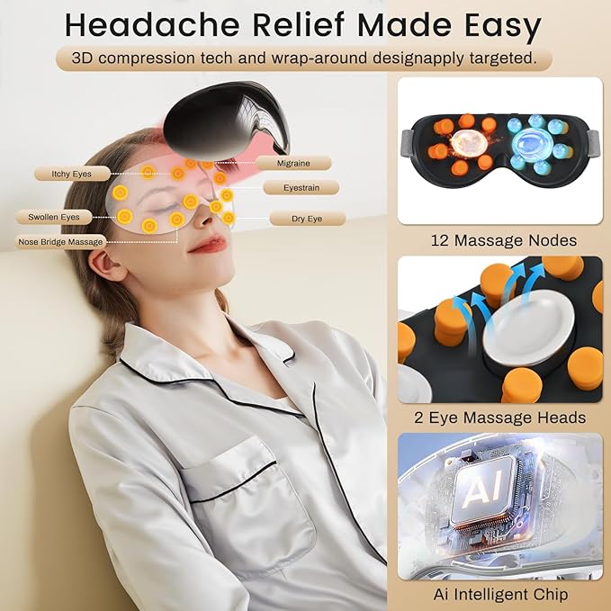 Eye Massager with Heat and Cooling for Migraines – 14 Massage Nodes for Eye Strain Relief, Rechargeable Bluetooth Music, Improve Sleep, Birthday & Holiday Gifts for Women and Men (Black)