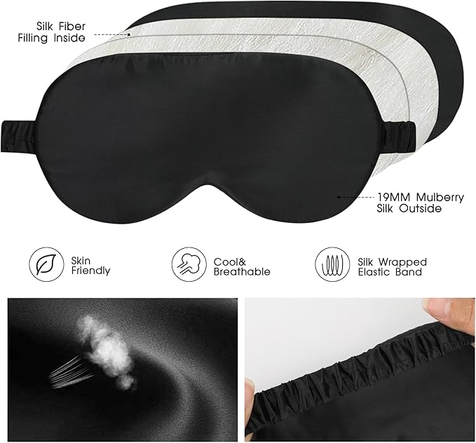 Silk Eye Mask for Sleeping for Women/Men/Adults with Elastic Strap,Blackout Pure Mulberry Silk Sleep Mask for Side Sleeper/Travel/Plane,Black