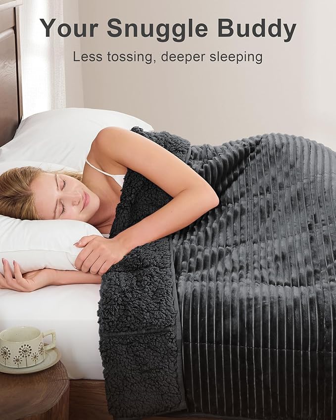 Sherpa Fleece Weighted Blanket with Ribbed Stripes for Adults, 15 lbs Dual Sided Cozy Warm Blanket for Couch Full Size Bed, Ceramic Beads Heavy Thick Blankets Great for Sleep, Dark Grey, 60" x 80"