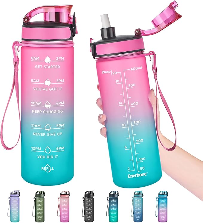 Enerbone Water Bottle, Leakproof BPA & Toxic Free, Motivational Water Bottle with Times to Drink and Straw, Fitness Sports Water Bottle with Strap for Office, Gym, Outdoor Sports