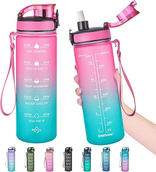 Enerbone Water Bottle, Leakproof BPA & Toxic Free, Motivational Water Bottle with Times to Drink and Straw, Fitness Sports Water Bottle with Strap for Office, Gym, Outdoor Sports
