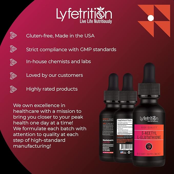 Lyfetrition S-Acetyl L-Glutathione 98mg, 4 Oz Liquid, 220 Servings, Made in USA, Quick Absorption, Quality Potent Ingredients, Third-Party Tested, Non-GMO, GMP Certified, Cruelty-Free Products
