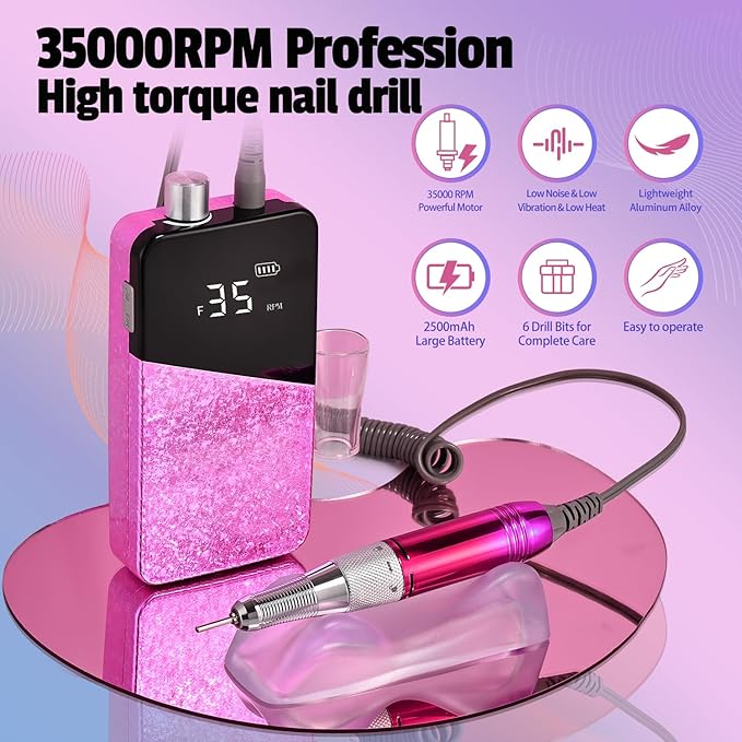 Electric Nail Drill Machine 35000RPM Professional Portable Nail File Cordless Rechargeable Nail Efile for Acrylic Gel Nails Manicure Pedicure Polishing Shape Tools for Salon Home Use (Snowflake Pink)