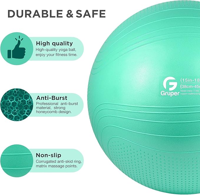 Gruper Yoga Ball, 18-30 Inch Extra Thick Exercise Ball for Workout Fitness Balance, Anti Burst Chair for Home and Office Desk, Includes Hand Pump & Workout Guide Access