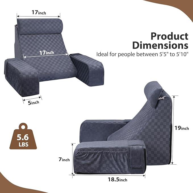 Vekkia Reading Pillow with Adjustable-Arms & Headrest – Multi-Firm Foam Backrest Cushion for Adults with Extra-Large Pockets for Reading, TV, Gaming & Work, Recovery on Bed & Floor, 19"(Grace Grey)