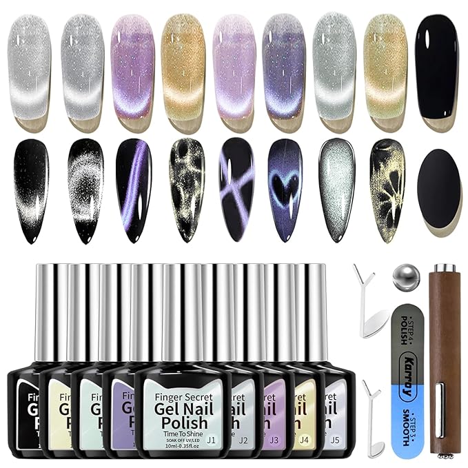 Gel Nail Polish Set, Cat Eye Gel Polish Kit, Holographic Magnetic Shimmer Glitter Trendy Gray Black Purple Yellow Nail Art, Manicure Salon DIY Gifts, Soak Off, UV/LED Cured (9 Colors I)