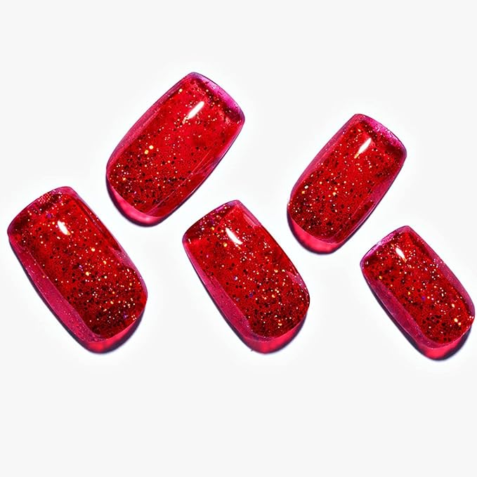 GLAMERMAID Glitter Bright Red Press on Nails Medium Square, Handmade Jelly Soft Gel Nails Square Fake Nails, Glossy Stick Glue on Nails Kit for Women, Reusable Stick on Acrylic Fake Nails Manicure Set