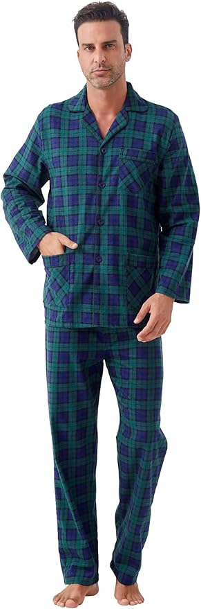 GLOBAL Men's Pajamas Sets 100% Cotton Flannel Sleepwear Long-Sleeve top & Bottom