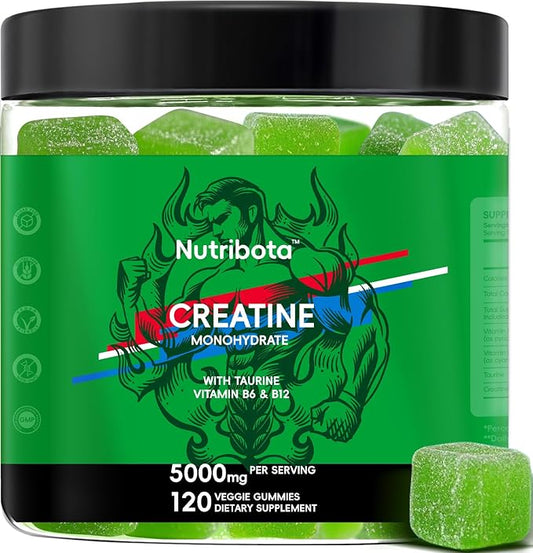 Sugar Free Creatine Monohydrate Gummies 5g for Men & Women, with Taurine, Vitamin B6 & B12, Chewable Creatine Monohydrate Supplement, Natural Apple Flavor, 120 Gummies