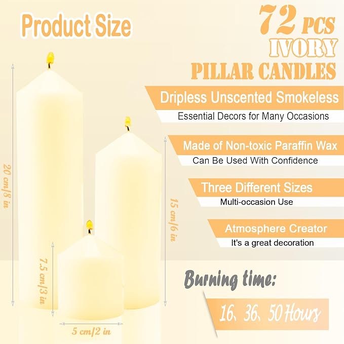 72 Pack Ivory Pillar Candles Bulk Set, 2x3 2x6 2x8 Inch - 24 Each Size, Dripless Smokeless Clean Burning for Wedding Centerpieces, Home Decor, Church, Romantic Ambiance！